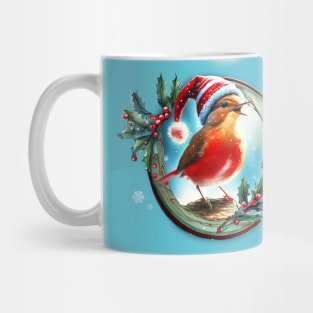 A red bird in a Christmas hat singing on a branch inside a festive winter frame of mistletoe and winter berries and snow flakes Mug